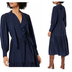 Joie Roussel Ruched Ruffle-Trim Midi Dress in Peacoat